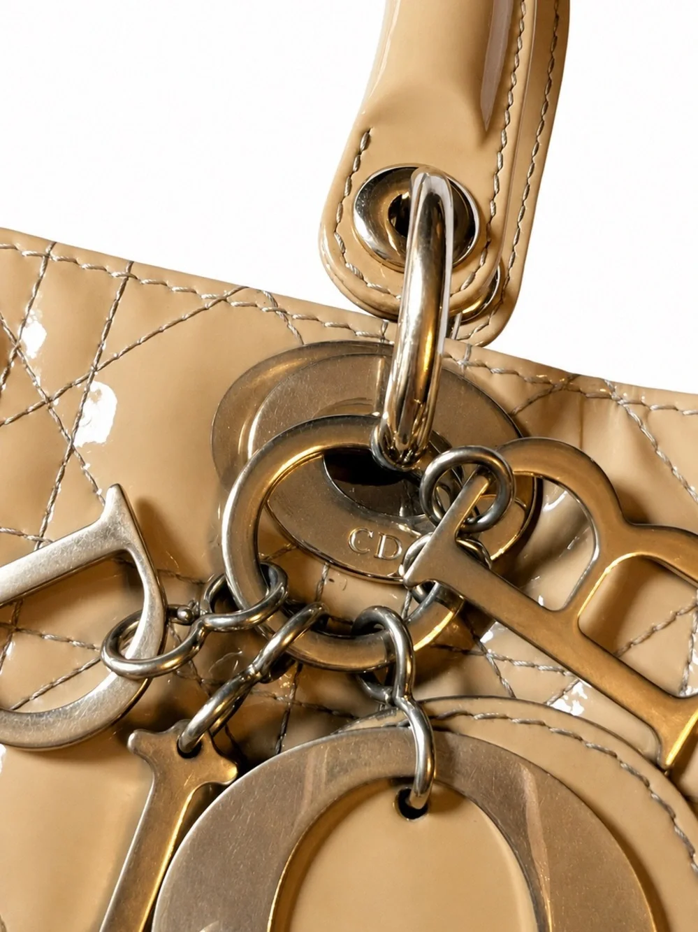 Christian Dior Large Lady Dior Patent Leather Tote Beige/Nude with Strap